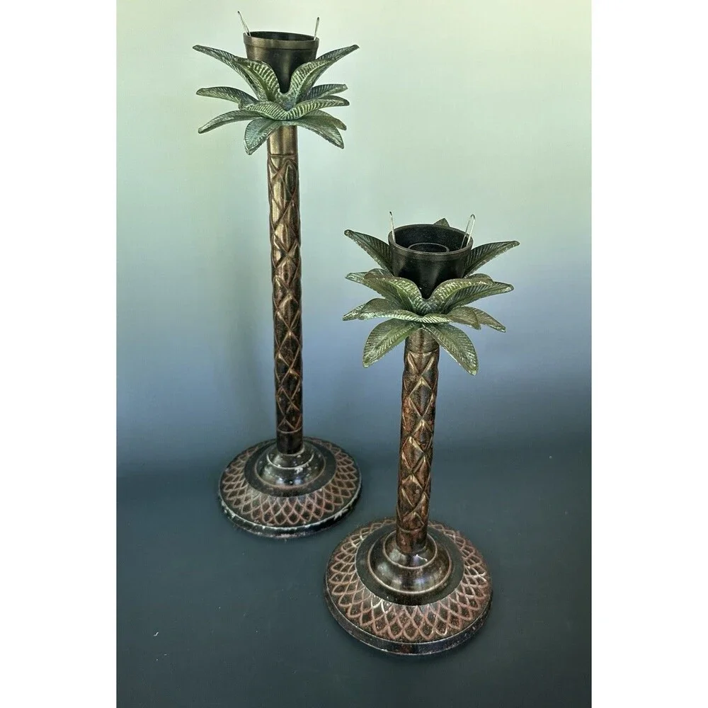 Vintage Palm Tree Candle Holders Hollywood Regency Safari Lodge Colonial Pair